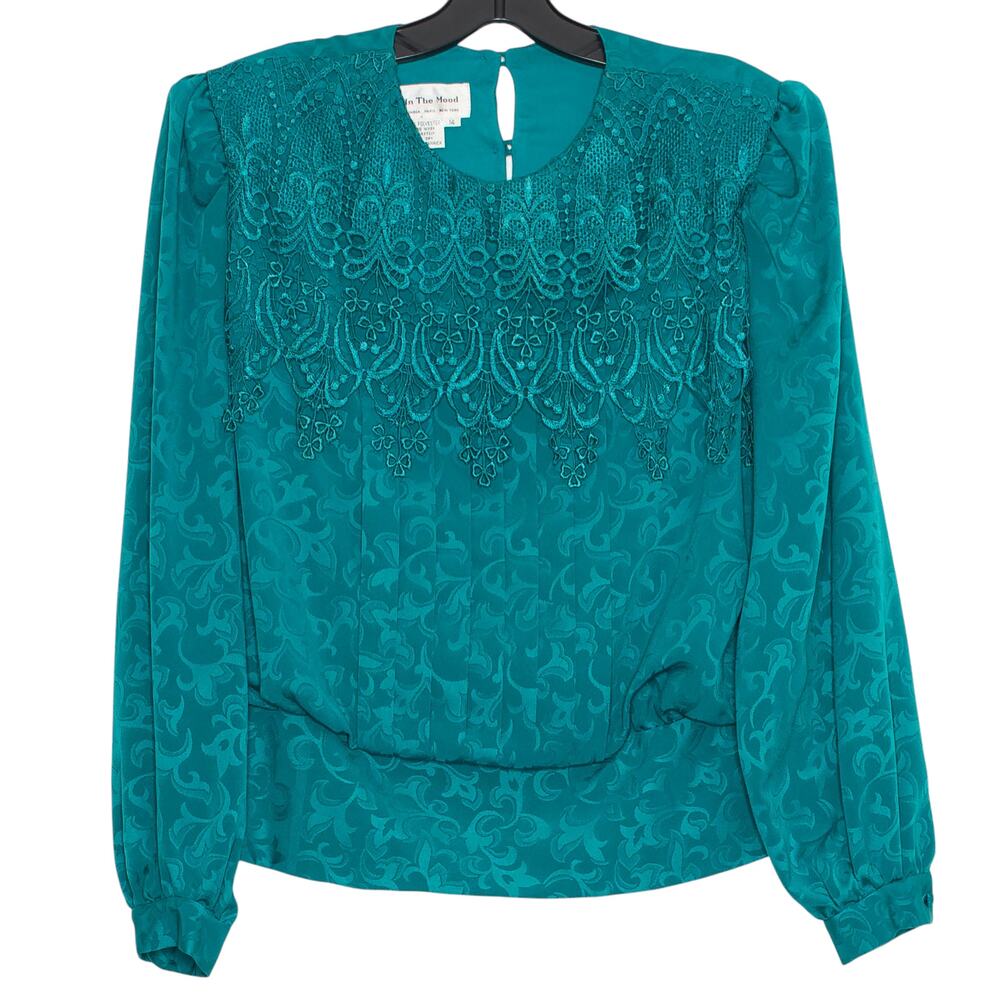 Womens Vintage Top Victorian Romantic Elegant Feminine Dark Secretary Teal 14 GP